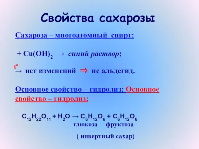 Сахароза – многоатомный спирт: + Сu(OH)2 → синий раствор; →