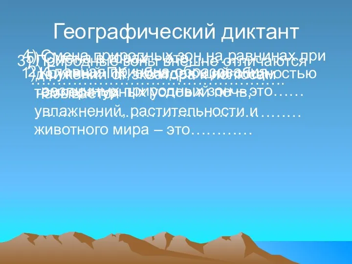 Географический диктант 1) Крупный ПК, обладающий общностью температурных условий почв,