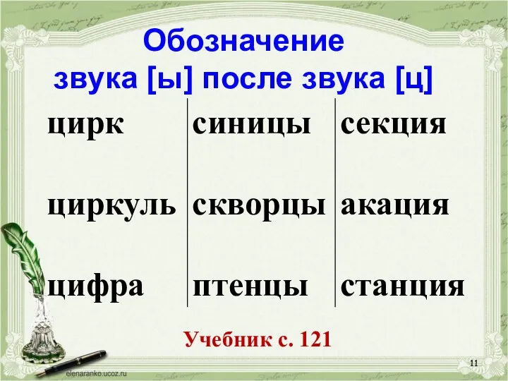 Обозначение звука [ы] после звука [ц] Учебник с. 121