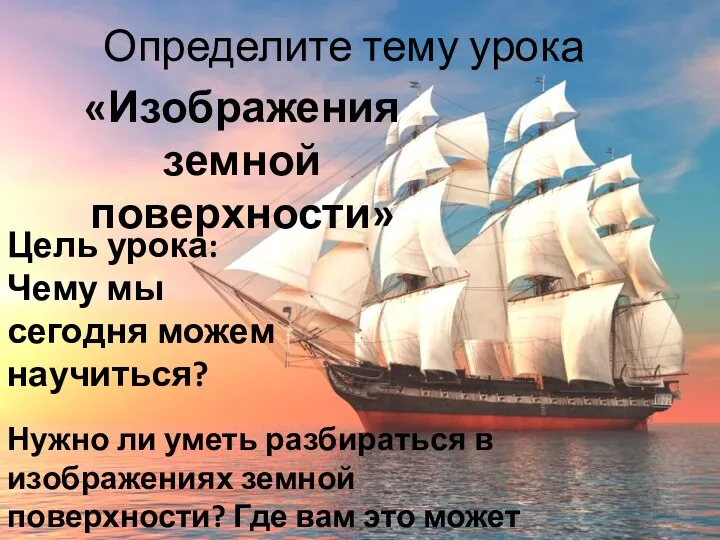 Определите тему урока «Изображения земной поверхности» Цель урока: Чему мы