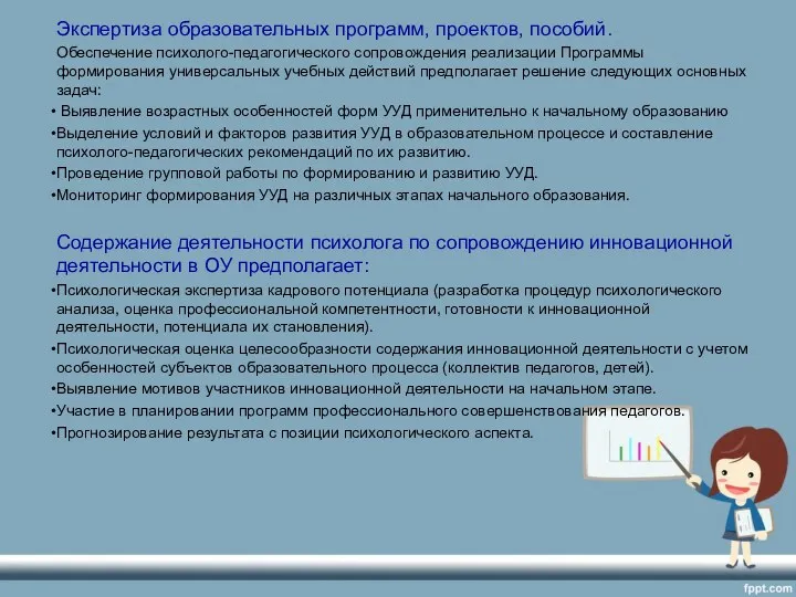 Экспертиза образовательных программ, проектов, пособий. Обеспечение психолого-педагогического сопровождения реализации Программы