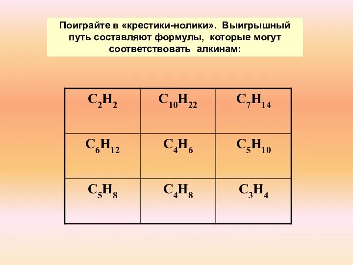 Поиграйте в «крестики-нолики». Выигрышный путь составляют формулы, которые могут соответствовать алкинам: