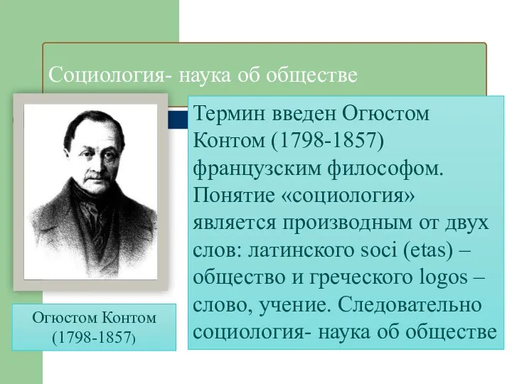 Социология- наука об обществе Термин введен Огюстом Контом (1798-1857) французским