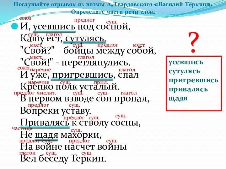 Послушайте отрывок из поэмы А.Твардовского «Василий Тёркин». Определите части речи