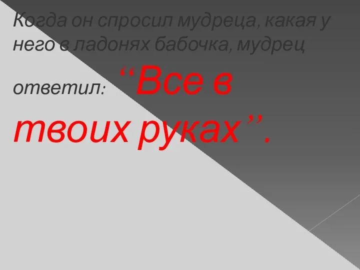 Когда он спросил мудреца, какая у него в ладонях бабочка, мудрец ответил: “Все в твоих руках”.