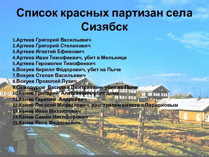 Список красных партизан села Сизябск 1.Артеев Григорий Васильевич 2.Артеев Григорий Степанович 3.Артеев Игнатий