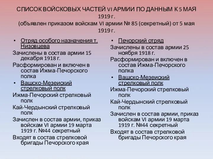 СПИСОК ВОЙСКОВЫХ ЧАСТЕЙ VI АРМИИ ПО ДАННЫМ К 5 МАЯ