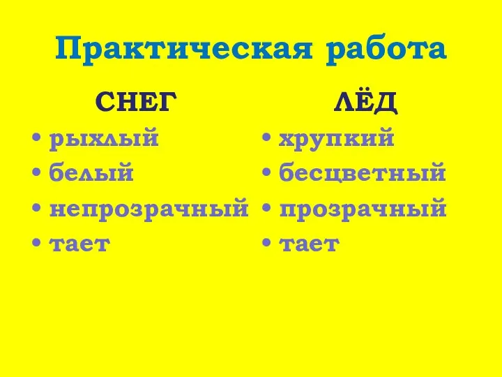 Практическая работа СНЕГ рыхлый белый непрозрачный тает ЛЁД хрупкий бесцветный прозрачный тает