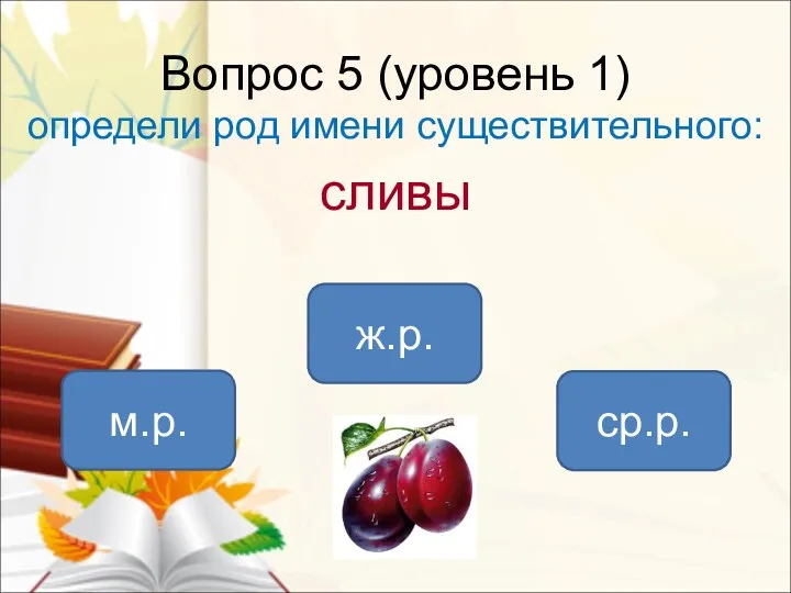 Вопрос 5 (уровень 1) определи род имени существительного: сливы ж.р. м.р. ср.р.