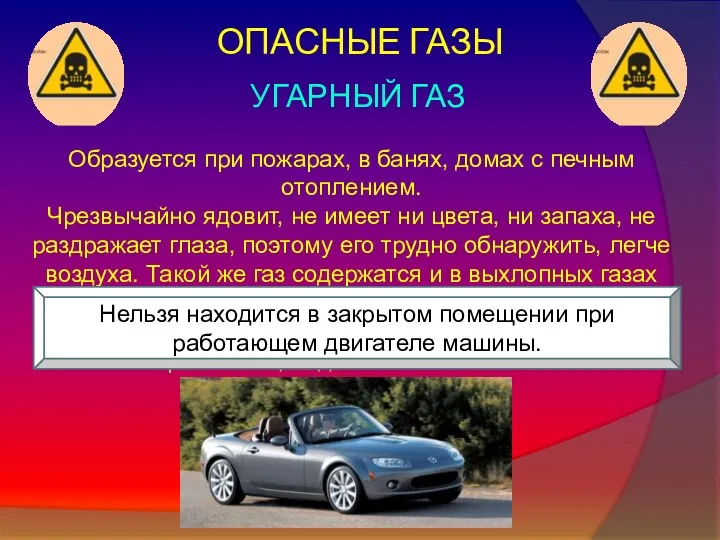 ОПАСНЫЕ ГАЗЫ УГАРНЫЙ ГАЗ Образуется при пожарах, в банях, домах