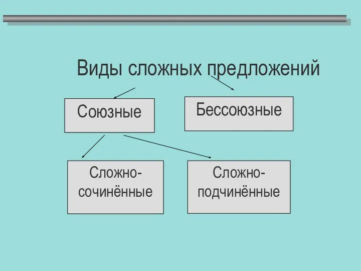 Союзные Бессоюзные Сложно- сочинённые Сложно- подчинённые Виды сложных предложений