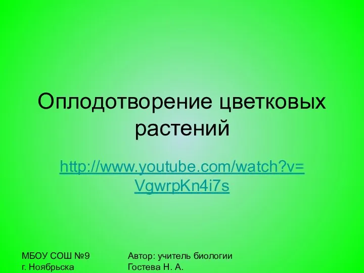 МБОУ СОШ №9 г. Ноябрьска Автор: учитель биологии Гостева Н. А. Оплодотворение цветковых растений http://www.youtube.com/watch?v=VgwrpKn4i7s