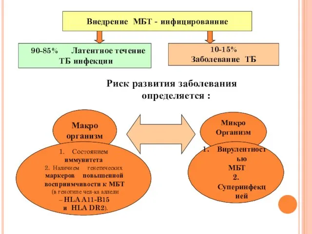 Риск развития заболевания определяется : 90-85% Латентное течение ТБ инфекции