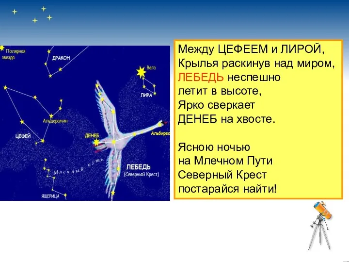 Между ЦЕФЕЕМ и ЛИРОЙ, Крылья раскинув над миром, ЛЕБЕДЬ неспешно летит в высоте,