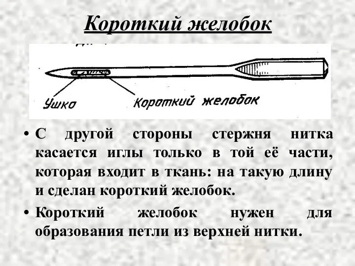 Короткий желобок С другой стороны стержня нитка касается иглы только