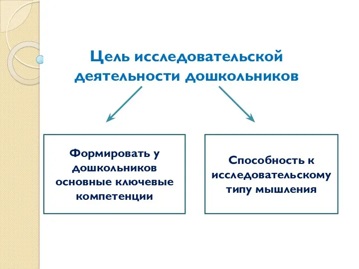 Цель исследовательской деятельности дошкольников Формировать у дошкольников основные ключевые компетенции Способность к исследовательскому типу мышления