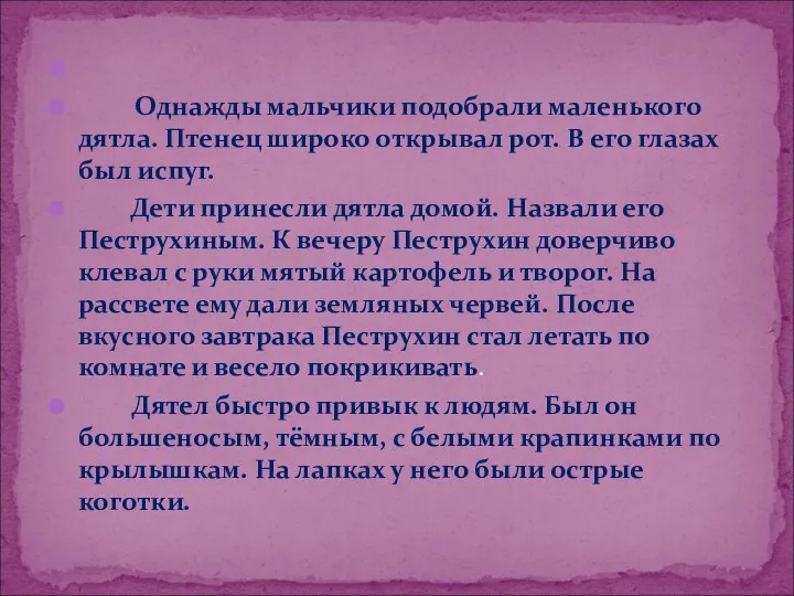 Однажды мальчики подобрали маленького дятла. Птенец широко открывал рот. В