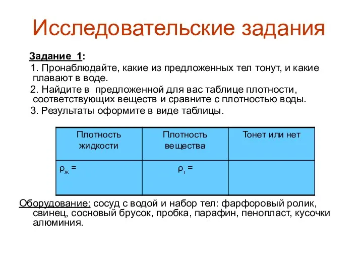 Исследовательские задания Задание 1: 1. Пронаблюдайте, какие из предложенных тел