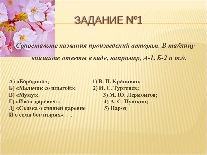 ЗАДАНИЕ №1 Сопоставьте названия произведений авторам. В таблицу впишите ответы