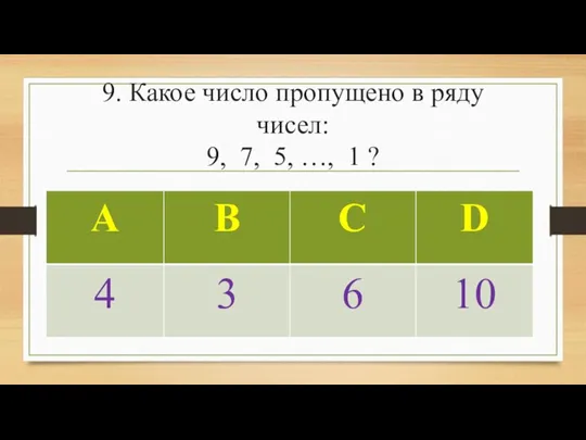 9. Какое число пропущено в ряду чисел: 9, 7, 5, …, 1 ?