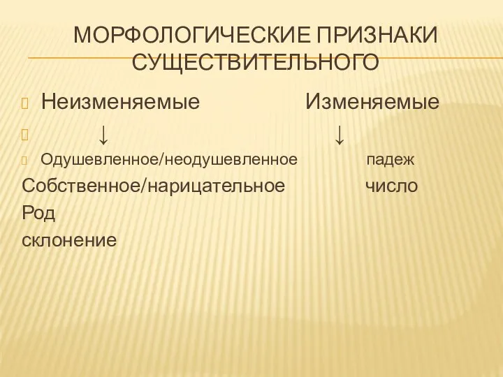 Морфологические признаки существительного Неизменяемые Изменяемые ↓ ↓ Одушевленное/неодушевленное падеж Собственное/нарицательное число Род склонение