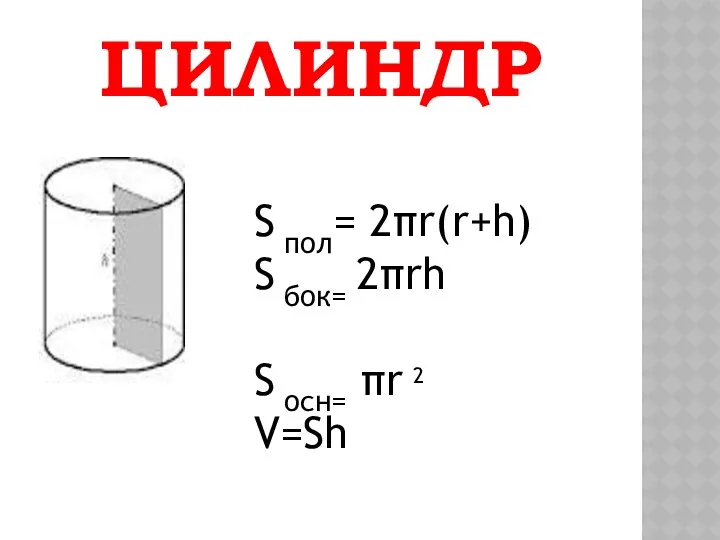 Цилиндр S пол= 2πr(r+h) S бок= 2πrh S осн= πr 2 V=Sh