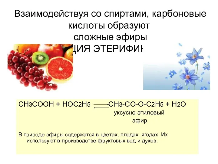 Взаимодействуя со спиртами, карбоновые кислоты образуют сложные эфиры (РЕАКЦИЯ ЭТЕРИФИКАЦИИ) CH3COOH + HOC2H5