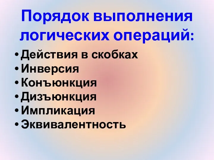 Порядок выполнения логических операций: Действия в скобках Инверсия Конъюнкция Дизъюнкция Импликация Эквивалентность