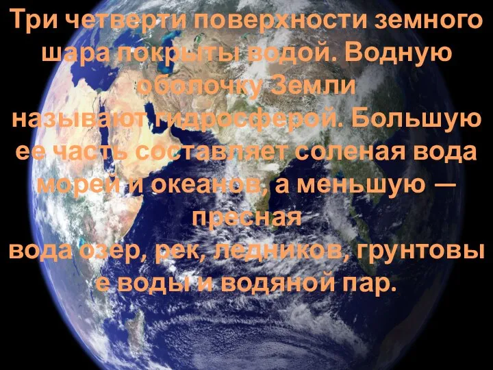 Три четверти поверхности земного шара покрыты водой. Водную оболочку Земли