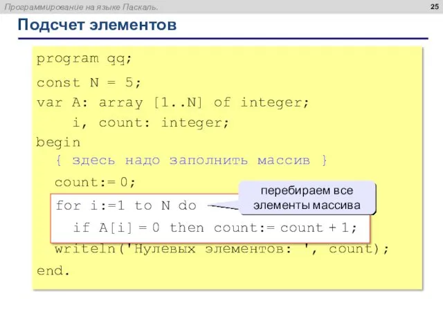 Подсчет элементов program qq; const N = 5; var A: