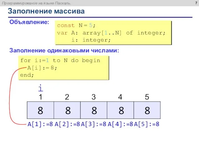 Заполнение массива Объявление: Заполнение одинаковыми числами: const N = 5;