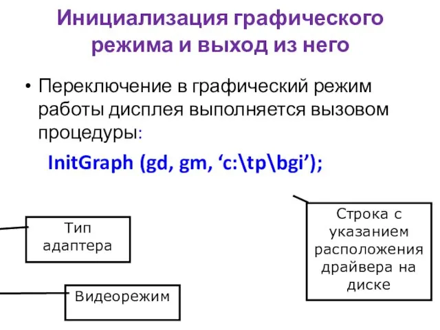 Инициализация графического режима и выход из него Переключение в графический режим работы дисплея