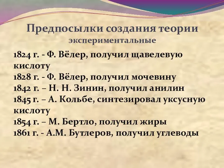 Предпосылки создания теории экспериментальные 1824 г. - Ф. Вёлер, получил