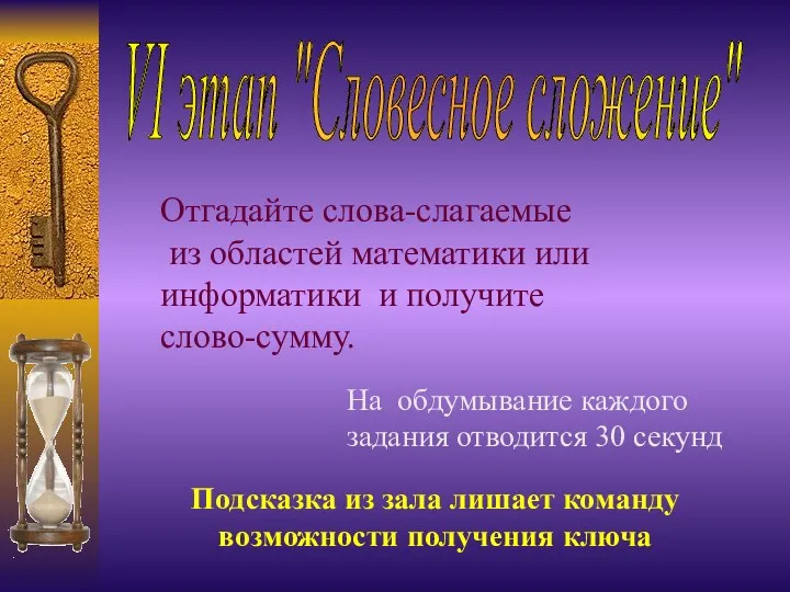 VI этап "Словесное сложение" Отгадайте слова-слагаемые из областей математики или