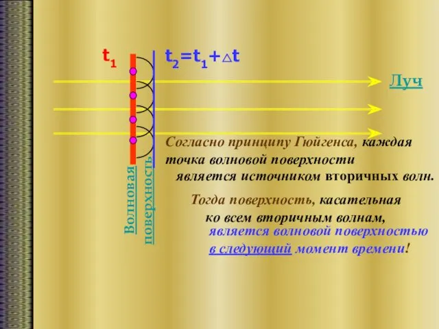Луч Волновая поверхность Согласно принципу Гюйгенса, каждая точка волновой поверхности