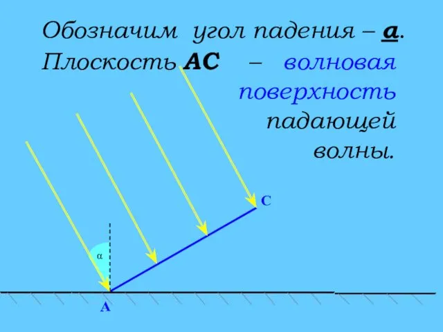 C α A Обозначим угол падения – α. Плоскость АС – волновая поверхность падающей волны.