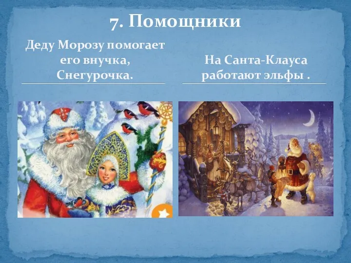 Деду Морозу помогает его внучка, Снегурочка. 7. Помощники На Санта-Клауса работают эльфы .