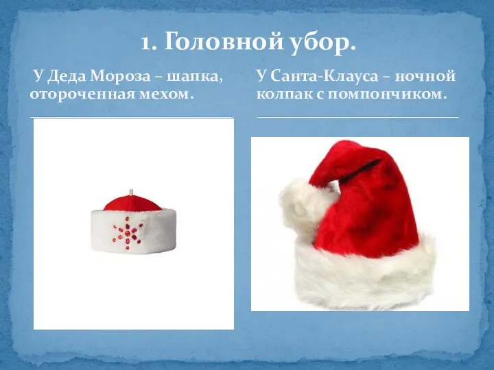 У Деда Мороза – шапка, отороченная мехом. 1. Головной убор. У Санта-Клауса –