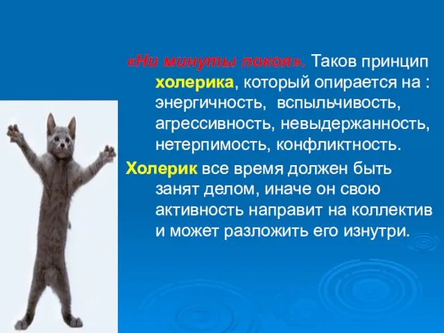 «Ни минуты покоя». Таков принцип холерика, который опирается на : энергичность, вспыльчивость, агрессивность,