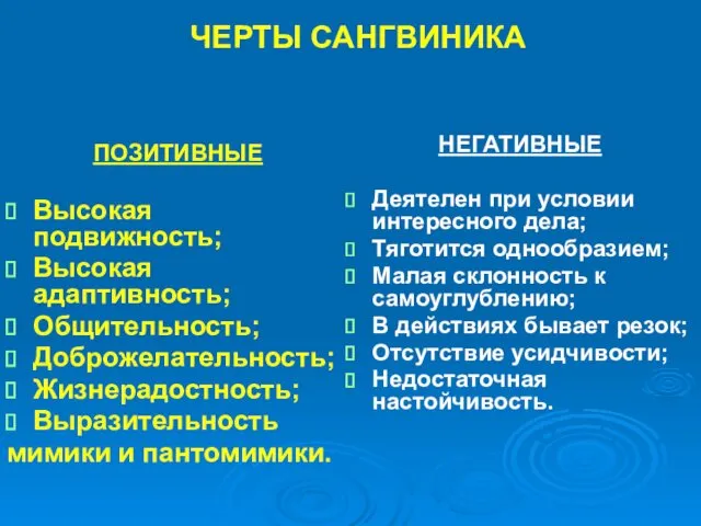 ЧЕРТЫ САНГВИНИКА ПОЗИТИВНЫЕ Высокая подвижность; Высокая адаптивность; Общительность; Доброжелательность; Жизнерадостность;