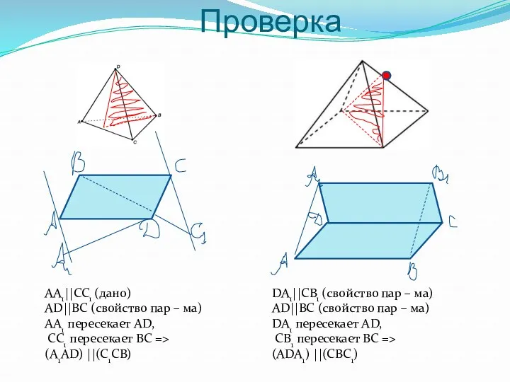 Проверка AA1||CC1 (дано) AD||BC (свойство пар – ма) AA1 пересекает AD, СС1 пересекает