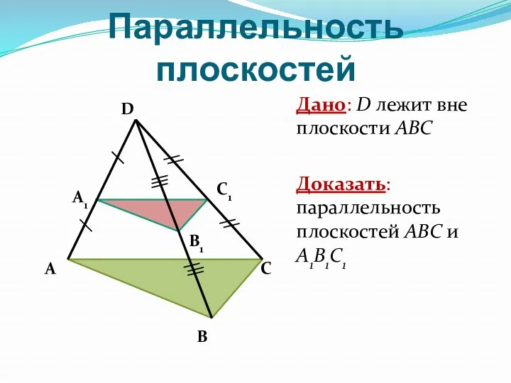 Параллельность плоскостей Дано: D лежит вне плоскости АВС Доказать: параллельность плоскостей АBC и