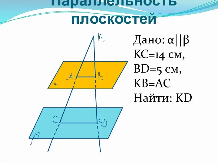 Параллельность плоскостей Дано: α||β KC=14 см, BD=5 см, KB=AC Найти: KD