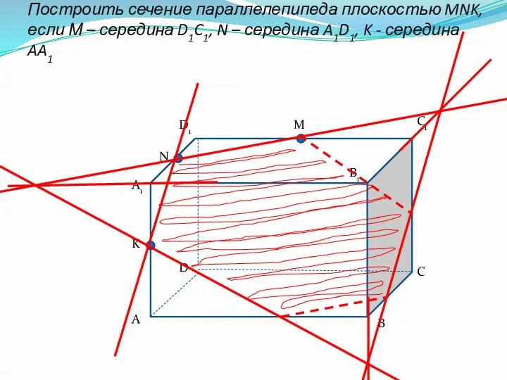 Построить сечение параллелепипеда плоскостью MNK, если М – середина D1C1, N – середина