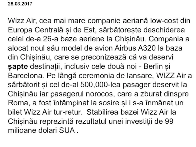 28.03.2017 Wizz Air, cea mai mare companie aeriană low-cost din