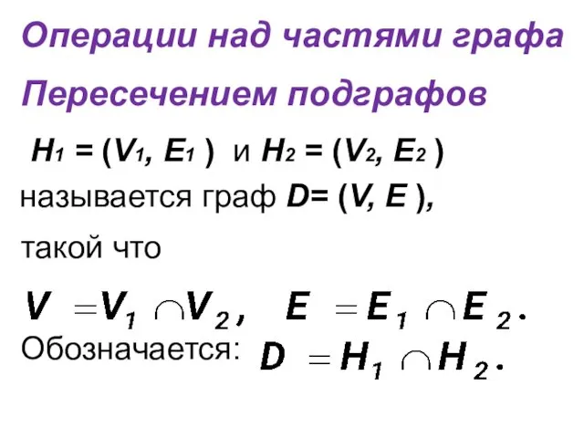 Операции над частями графа Пересечением подграфов Н1 = (V1, E1