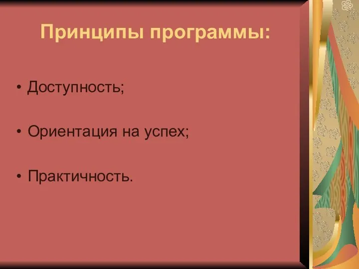 Принципы программы: Доступность; Ориентация на успех; Практичность.