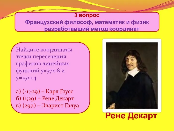 3 вопрос Французский философ, математик и физик разработавший метод координат