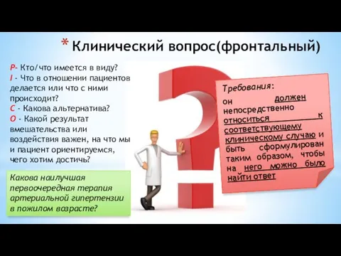 Клинический вопрос(фронтальный) Требования: он должен непосредственно относиться к соответствующему клиническому