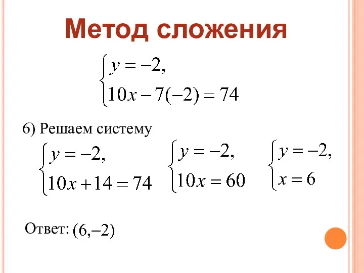 Метод сложения 6) Решаем систему Ответ: